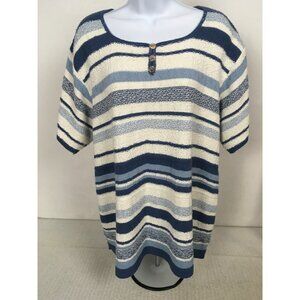 Fashion Bug Sweater Women Size 26 to 28 White Blue Wide Stripes Short Sleeves